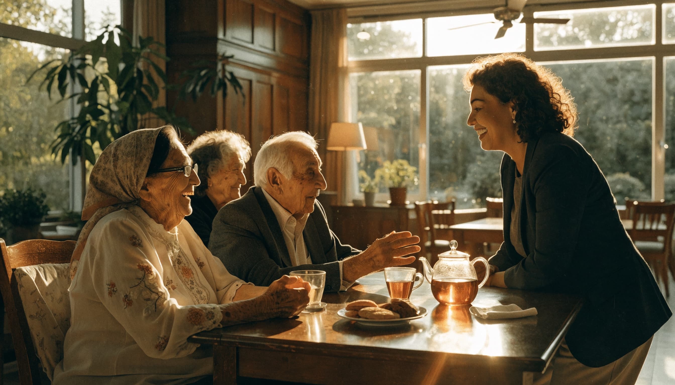 Elderly Greek residents sharing tea and conversation with a smiling carer in a warm, sunlit lounge