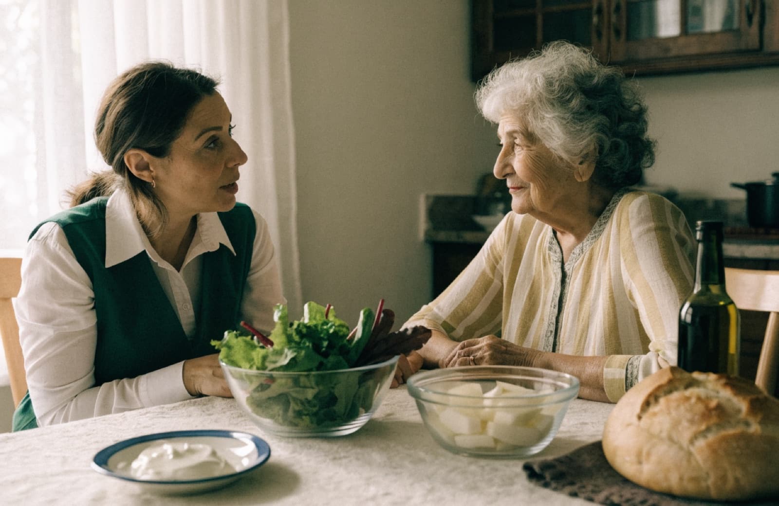 A dietitian and an older Greek woman talking warmly over fresh simple food at a kitchen table